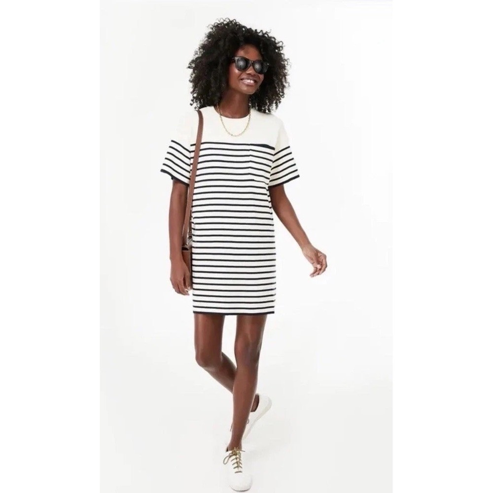 Tuckernuck Cream Black Striped Short Sleeve Cotton Knit Pocket T-Shirt Dress XXL